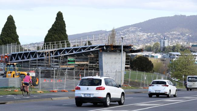 Construction on the Remembrance Bridge, which will span the Tasman Highway. Picture: LUKE BOWDEN