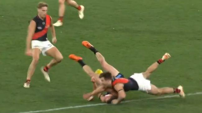 Zach Merrett's tackle on Alex Cincotta. Picture: Fox Footy