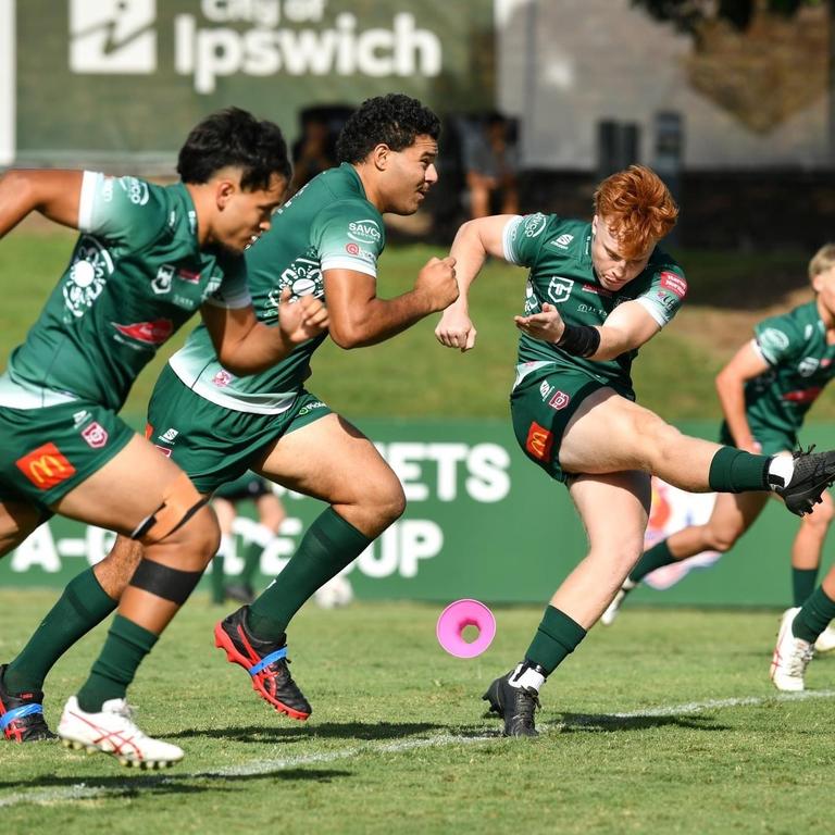 Nathan Fraser (kicking) getting proceedings underway in 2024. Picture credit: Justine Parisi/ Ipswich Jets Media.