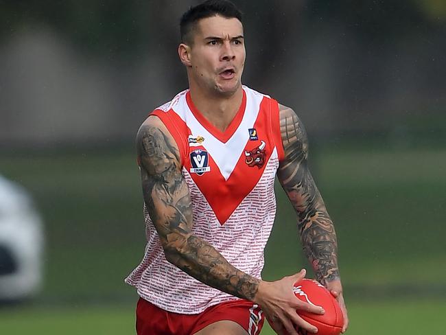 Andrew Mathers in action during the MPNFL Division 2: Karingal v Langwarrin football match in Frankston, Saturday, May 4, 2019. Picture: Andy Brownbill