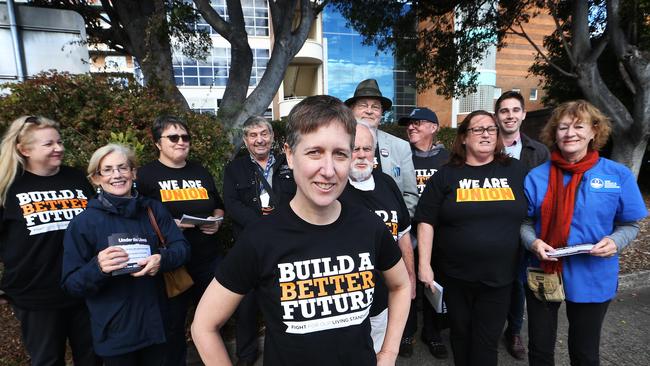 ACTU campaign director Sally McManus, front, with union campaign volunteers outside Sydney’s Concord Hospital. Picture: John Feder.