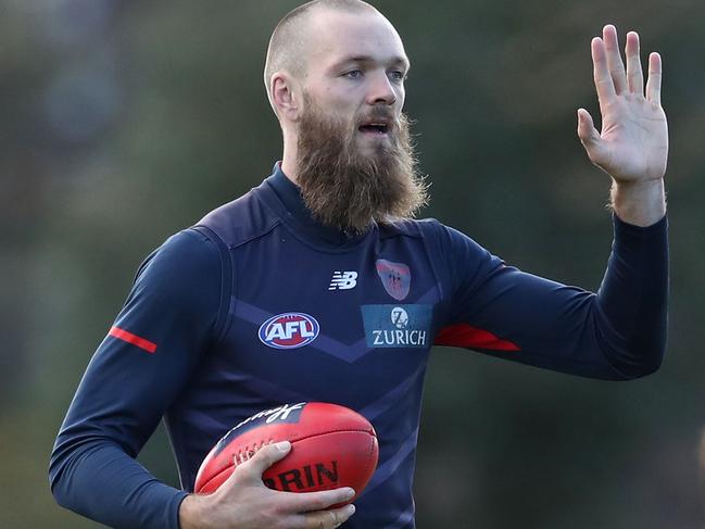 MELBOURNE, AUSTRALIA - SEPTEMBER 19:  Max Gawn of the Demons gestures during a Melbourne Demons AFL training session at Gosch's Paddock on September 19, 2018 in Melbourne, Australia.  (Photo by Scott Barbour/Getty Images)