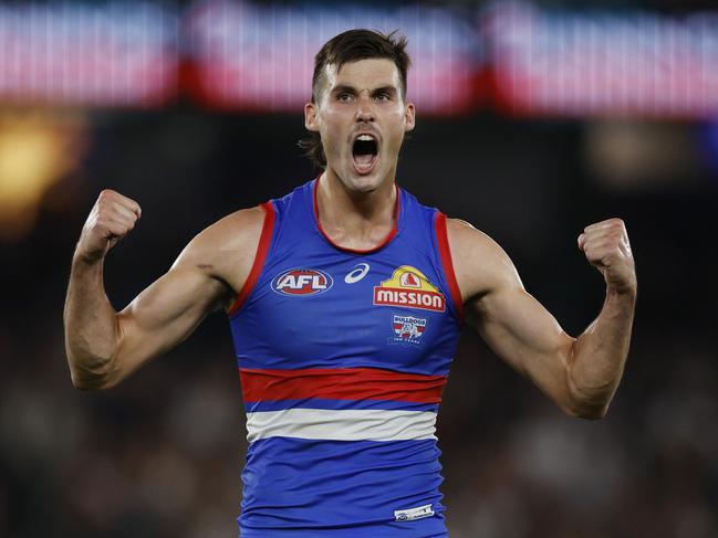 NCA. MELBOURNE, AUSTRALIA. 28th March, 2025 . AFL. Round 3. Carlton vs Western Bulldogs at Marvel Stadium.   Bulldog Sam Darcy celebrates a 4th quarter goal . Picture: Michael Klein