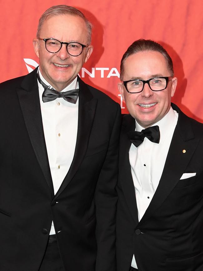 Prime Minister Anthony Albanese with former Qantas CEO Alan Joyce at the Qantas 100th Gala Dinner in Sydney last year.