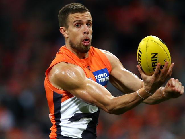 SYDNEY, AUSTRALIA - JULY 20: Brett Deledio of the Giants handpasses during the Greater Western Sydney Giants and the Collingwood Magpies at GIANTS Stadium on July 20, 2019 in Sydney, Australia. (Photo by Cameron Spencer/Getty Images)