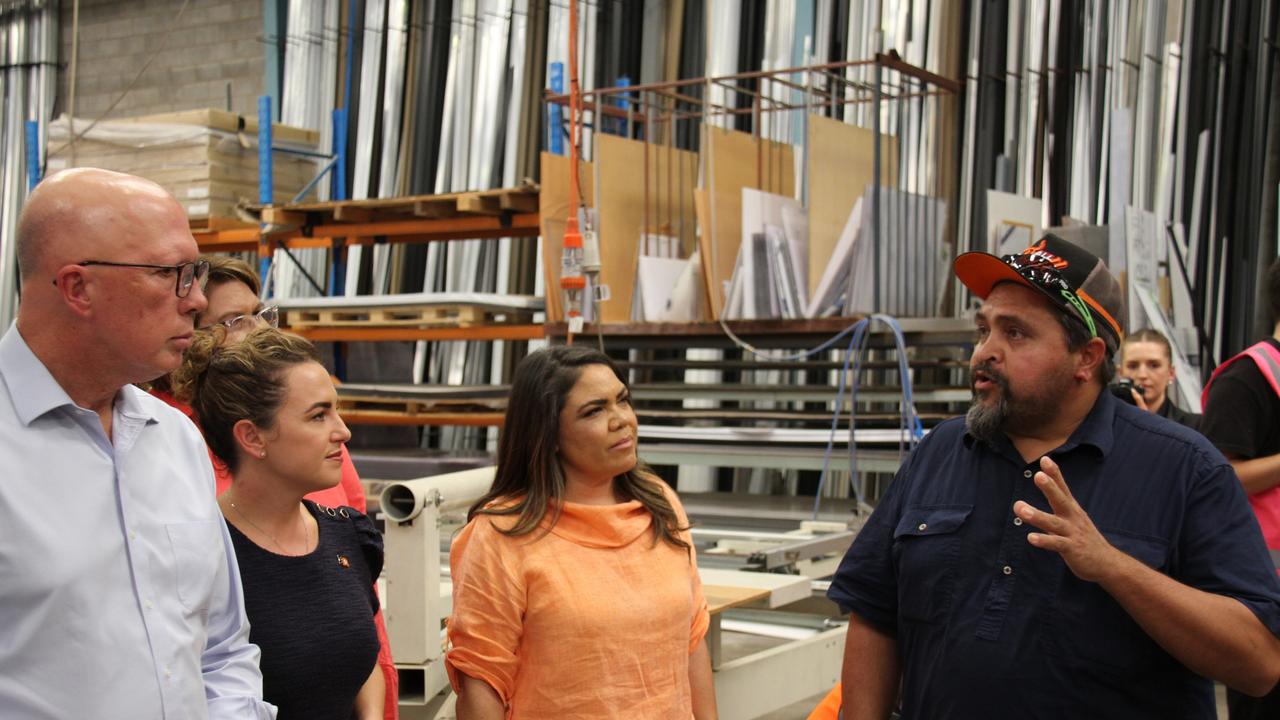 Federal Opposition leader Peter Dutton with NT Chief Minister Lia Finocchiaro and Shadow Indigenous Australians Minister Jacinta Nampijinpa Price are shown around the GGS glass factory in Alice Springs by owner Bobby Abbott on Wednesday, January 29, 2025. Picture: Gera Kazakov