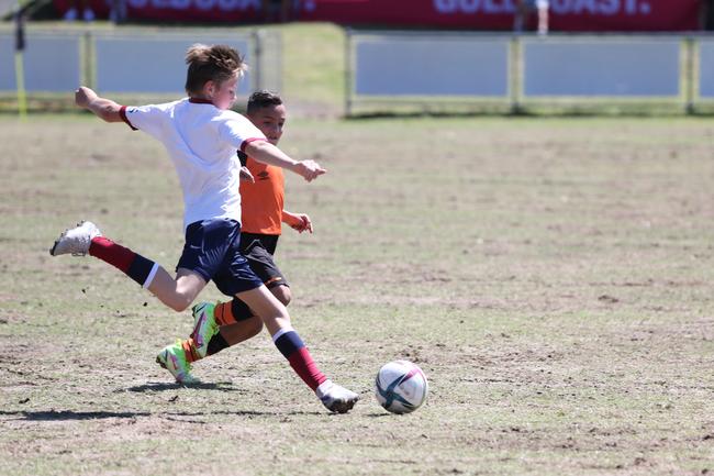 The Premier Invitational football tournament on the Gold Coast. TSS v Brisbane Roar under-13s in action. Picture: Mike Batterham.