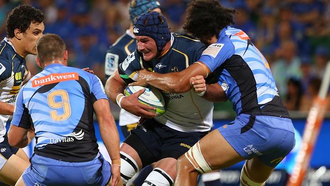 PERTH, AUSTRALIA - MARCH 01: Ben Mowen of the Brumbies gets tackled by Sam Wykes of the Force during the round three Super Rugby match between the Western Force and the ACT Brumbies at nib Stadium on March 1, 2014 in Perth, Australia. (Photo by Paul Kane/Getty Images)