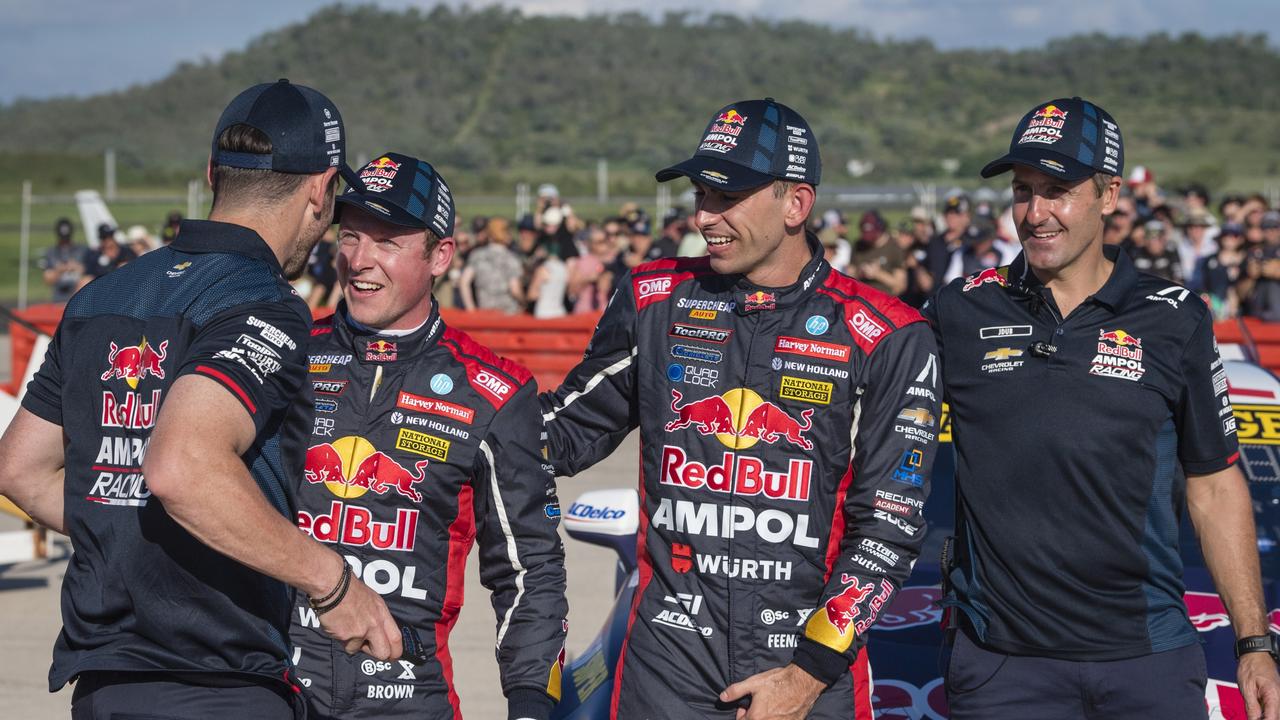 V8 Supercars team Red Bull Ampol Racing (from left) Scott Pye, Will Brown, Broc Feeney, and Jamie Whincup at the launch of the 2024 livery at Toowoomba Wellcamp Airport, Saturday, February 3, 2024. Picture: Kevin Farmer