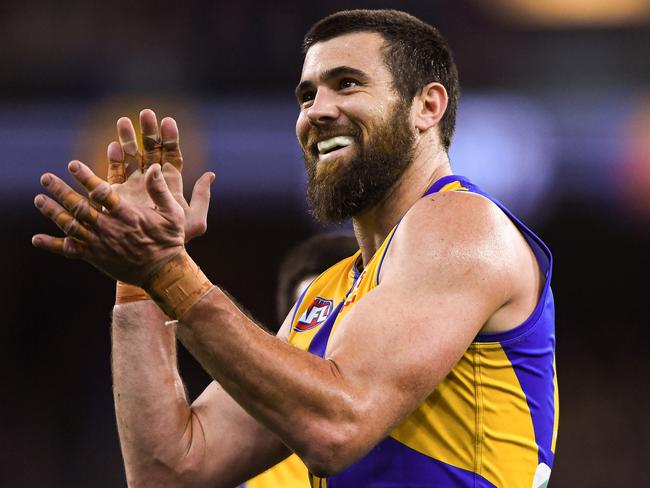 PERTH, AUSTRALIA - JUNE 13: Josh J. Kennedy of the Eagles celebrates a goal during the 2021 AFL Round 13 match between the West Coast Eagles and the Richmond Tigers at Optus Stadium on June 13, 2021 in Perth, Australia. (Photo by Daniel Carson/AFL Photos via Getty Images)