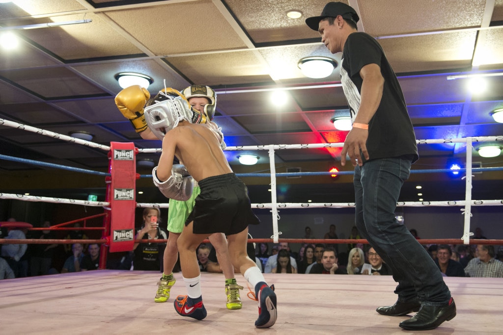 Fundraising bout participants Junior Richards (facing) and Adrian Young at Smithy and TGW Bring The Big Fights 14 at Rumours International, Saturday, October 22, 2016. Picture: Kevin Farmer
