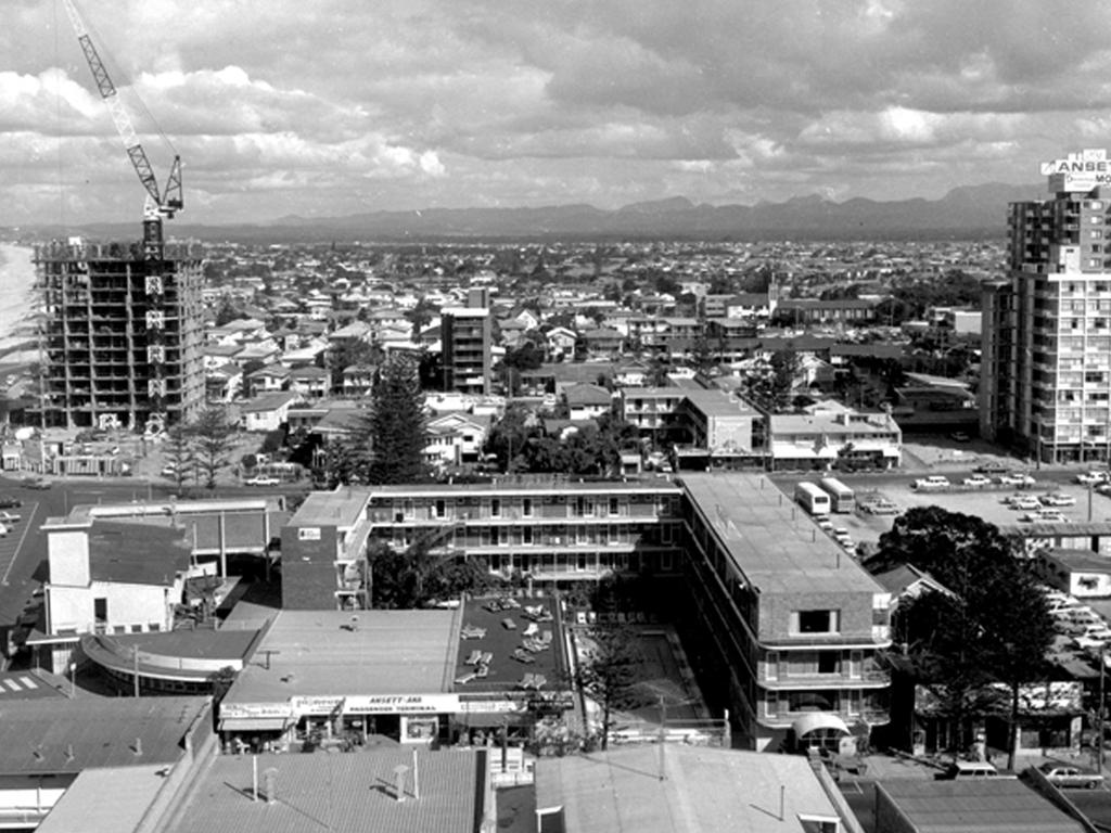 This view looks across Cavill Avenue, Hanlan Street and Trickett Street. On the left can be seen Iluka under construction. Construction was completed in 1971. On the right is Paradise Towers with Kinkabool in front. Kinkabool was the first high rise to be built in Surfers Paradise. It was ten storeys high. Paradise Towers was constructed in 1965-66 Picture: Supplied