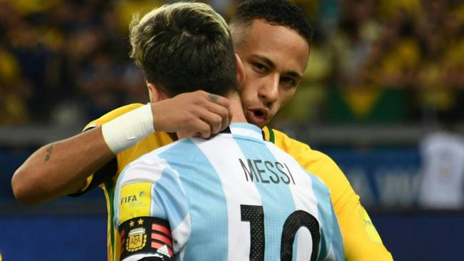 Argentina's Lionel Messi and Brazil's Neymar (R).