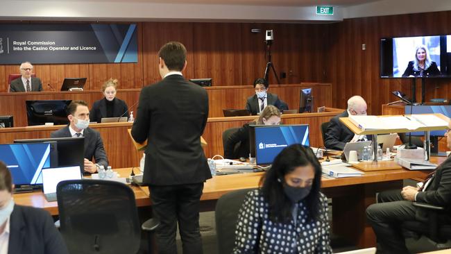 Helen Coonan, on screen far right, gives evidence to the Crown royal commission in Melbourne. Picture: David Crosling