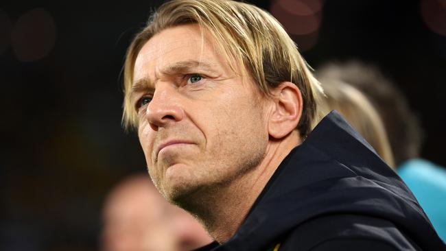 BRISBANE, AUSTRALIA - AUGUST 19: Tony Gustavsson, Head Coach of Australia, looks on the FIFA Women's World Cup Australia & New Zealand 2023 Third Place Match match between Sweden and Australia at Brisbane Stadium on August 19, 2023 in Brisbane, Australia. (Photo by Justin Setterfield/Getty Images)