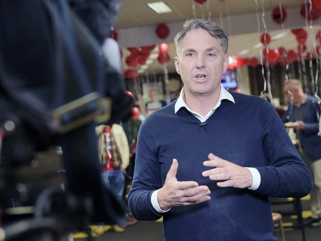 Richard Marles talks to TV crews about the long night coming up. Labors's Geelong and Corangamite general election function at Grovedale football netball club. Picture: Alan Barber