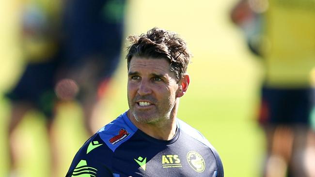 SYDNEY, AUSTRALIA - APRIL 23: Eels assistant coach, Trent Barrett looks on during a Parramatta Eels NRL Training Session at Kellyville Park on April 23, 2024 in Sydney, Australia.  (Photo by Brendon Thorne/Getty Images)