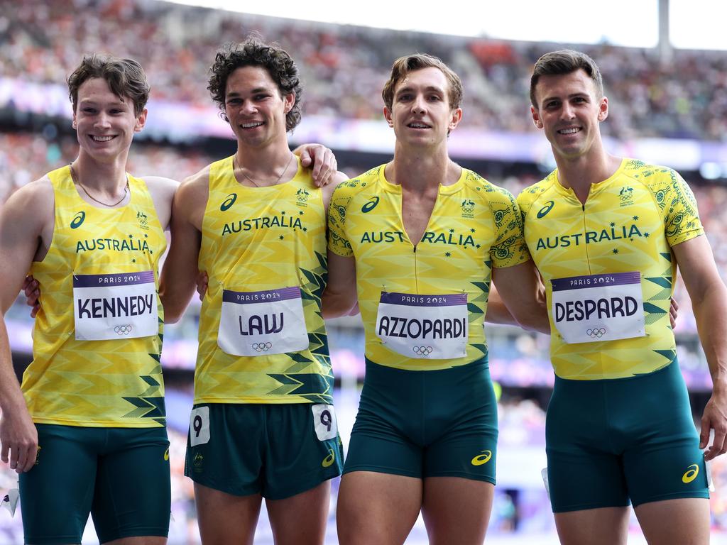 PARIS, FRANCE - AUGUST 08: Lachland Kennedy, Calab Law, Joshua Azzopardi and Jacob Despard of Team Australia pose for a photo prior to the Men's 4 x 100m Relay on day thirteen of the Olympic Games Paris 2024 at Stade de France on August 08, 2024 in Paris, France. (Photo by Hannah Peters/Getty Images)