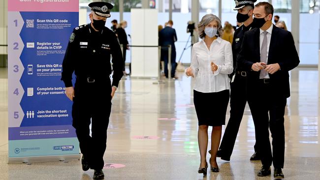 Police commissioner Grant Stevens, chief public health officer Nicola Spurrier and Premier Steven Marshall. Picture: Naomi Jellicoe