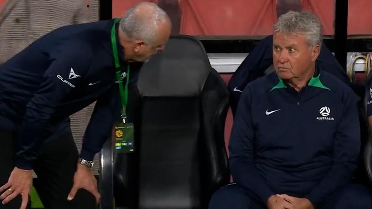 Guus Hiddink reacts during the Socceroos' 1-0 win over New Zealand. Photo: Channel 10