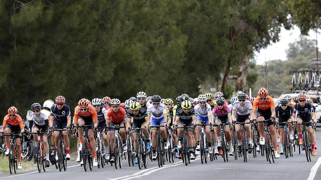 The peloton bursts out of Lobethal on Stage 1 of the Women’s Tour Down Under. Picture Sarah Reed