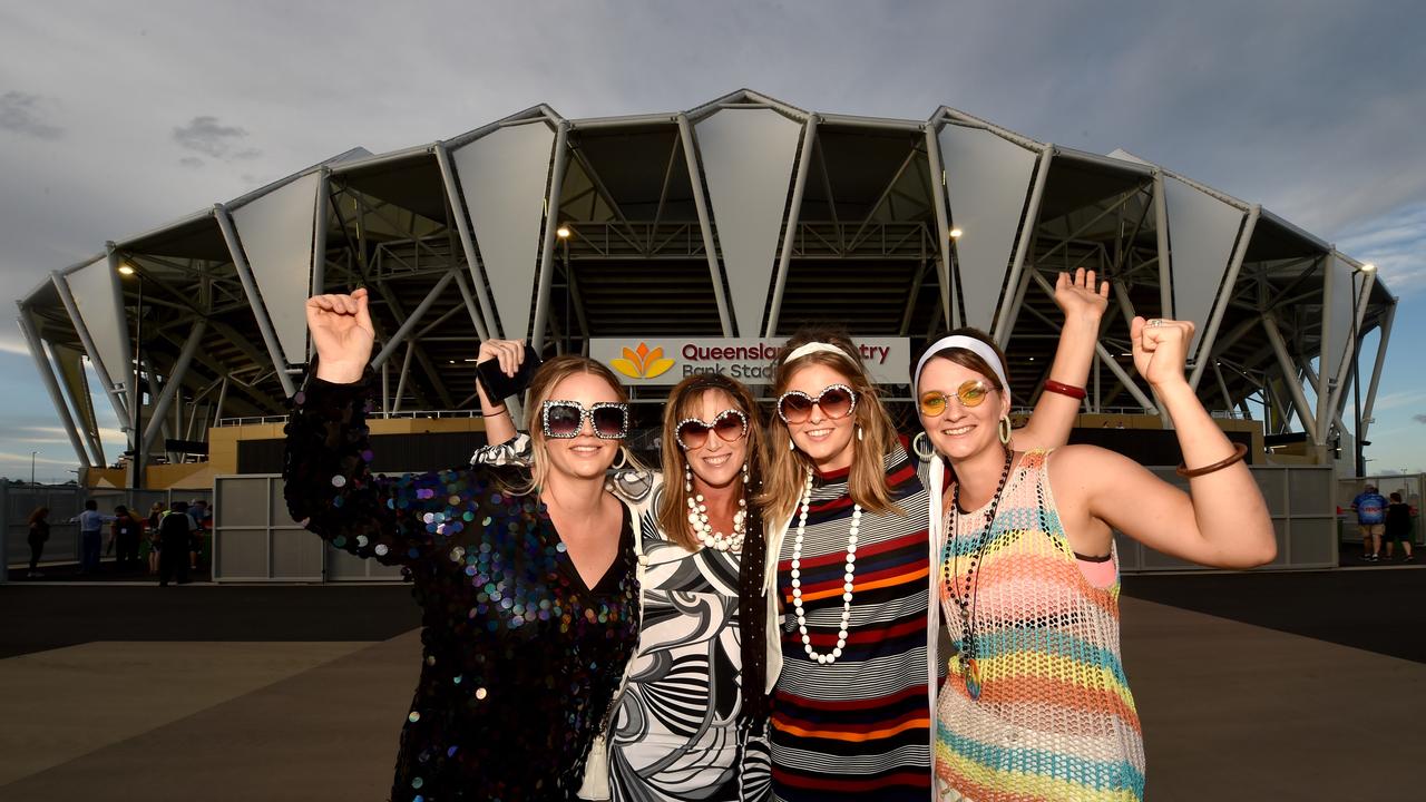 Elton John performs at the Queensland Country Bank Stadium in Townsville. Jodi Coleman, Liz Carey, Kim Perschel, and Christina Egan. Picture: Evan Morgan