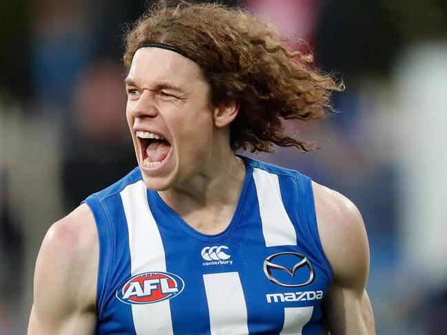 HOBART, AUSTRALIA - MAY 19: Ben Brown of the Kangaroos celebrates a goal  during the 2018 AFL round nine match between the North Melbourne Kangaroos and the GWS Giants at Blundstone Arena on May 19, 2018 in Hobart, Australia. (Photo by Adam Trafford/AFL Media/Getty Images)