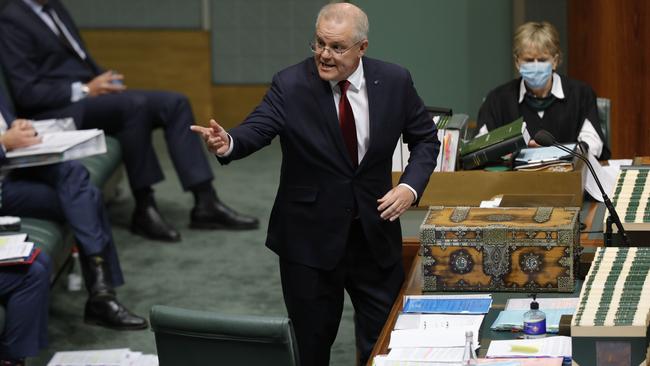 Prime Minister Scott Morrison during Question Time at Parliament House in Canberra on Thursday. Picture: Sean Davey.