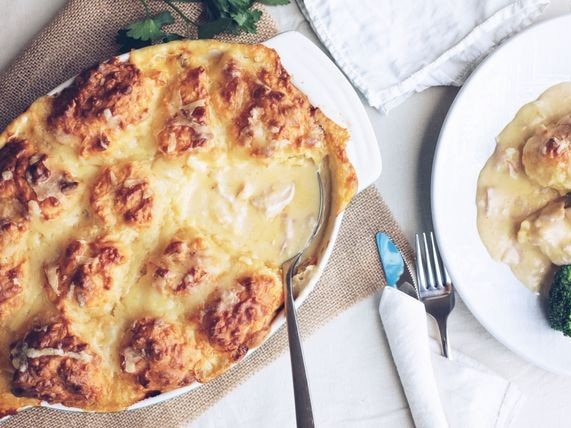 Chicken casserole with cheesy damper top.