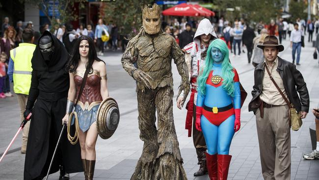 Cosplayers in Adelaide for Oz Comic-Con last year: Tristan Willes, Calixta Cheers, Steve Scholz, Dylan Warren, Natalie Keenihan, and Symon Williamson. Picture: Matt Turner