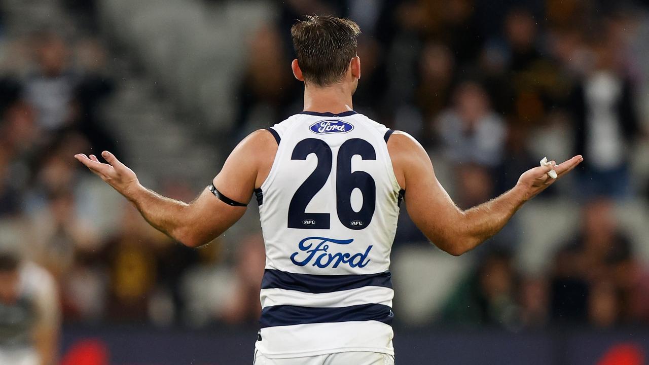 MELBOURNE, AUSTRALIA - APRIL 18: Tom Hawkins of the Cats holds his arms out after giving away a 50 metre penalty during the 2022 AFL Round 05 match between the Hawthorn Hawks and the Geelong Cats at the Melbourne Cricket Ground on April 18, 2022 In Melbourne, Australia. (Photo by Michael Willson/AFL Photos via Getty Images)