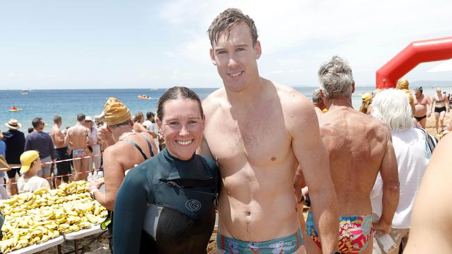 Richmond star Tom Lynch (right) and his sister at the Portsea Swim Classic.