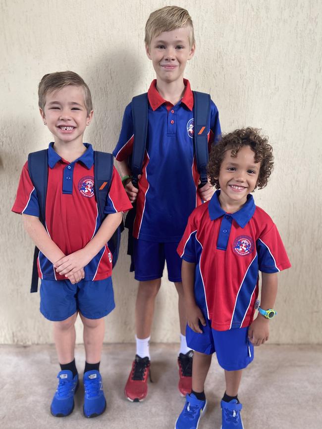 Ryan McDonald, 6, Jett McDonald, 10, Arlo McArthur 4, excited for school 2021! Picture: AJ McArthur