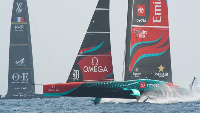 The AC 75s racing in a preliminary regatta off Barcelona. The Youth and Women’s regattas will be raced in the smaller AC40s. Picture: Alberto Paredes/Europa Press via Getty Images