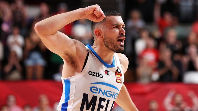 WOLLONGONG, AUSTRALIA - MARCH 10: Chris Goulding of United shows his frustration during the NBL Semi Final Playoff Series match between Illawarra Hawks and Melbourne United at WIN Entertainment Centre, on March 10, 2024, in Wollongong, Australia. (Photo by Mark Kolbe/Getty Images)