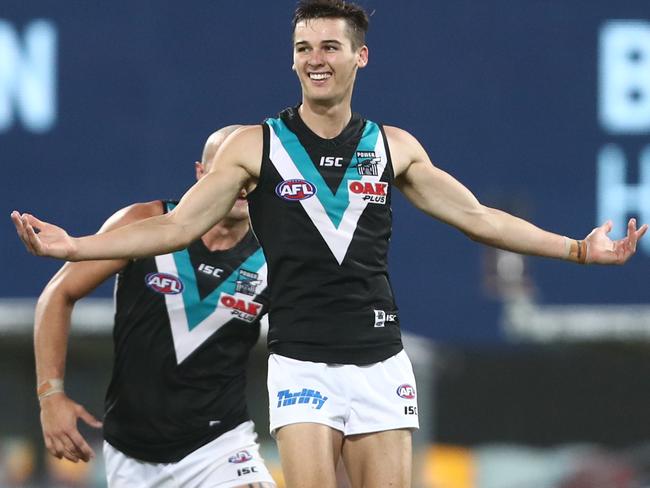 Port Adelaide Connor Rozee celebrates a goal during the round three match against Brisbane Lions at The Gabba. Picture: Chris Hyde/Getty 