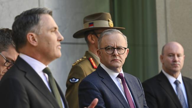 Prime Minister, Anthony Albanese, Deputy Prime Minister and Minister for Defence, Richard Marles, Minister for Defence Industry, Pat Conroy, and the Chief of the Defence Force, General Angus Campbell hold a press conference after releasing the Defense Strategic Review at Parliament House Canberra. Picture: NCA NewsWire / Martin Ollman