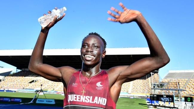 Gout Gout after winning the 200mAustralian All Schools track and field championships in Brisbane. Saturday December 7, 2024. Picture John Gass