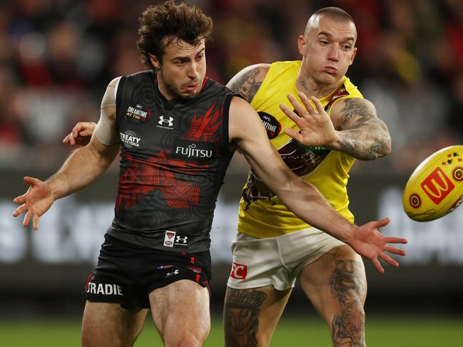 Andrew McGrath and Dustin Martin battle during a Dreamtime at the G match. Picture: Michael Klein