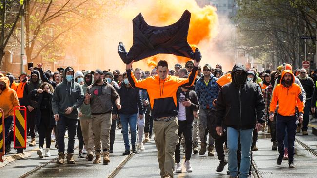 Construction workers march through the streets in Melbourne. Picture: Getty