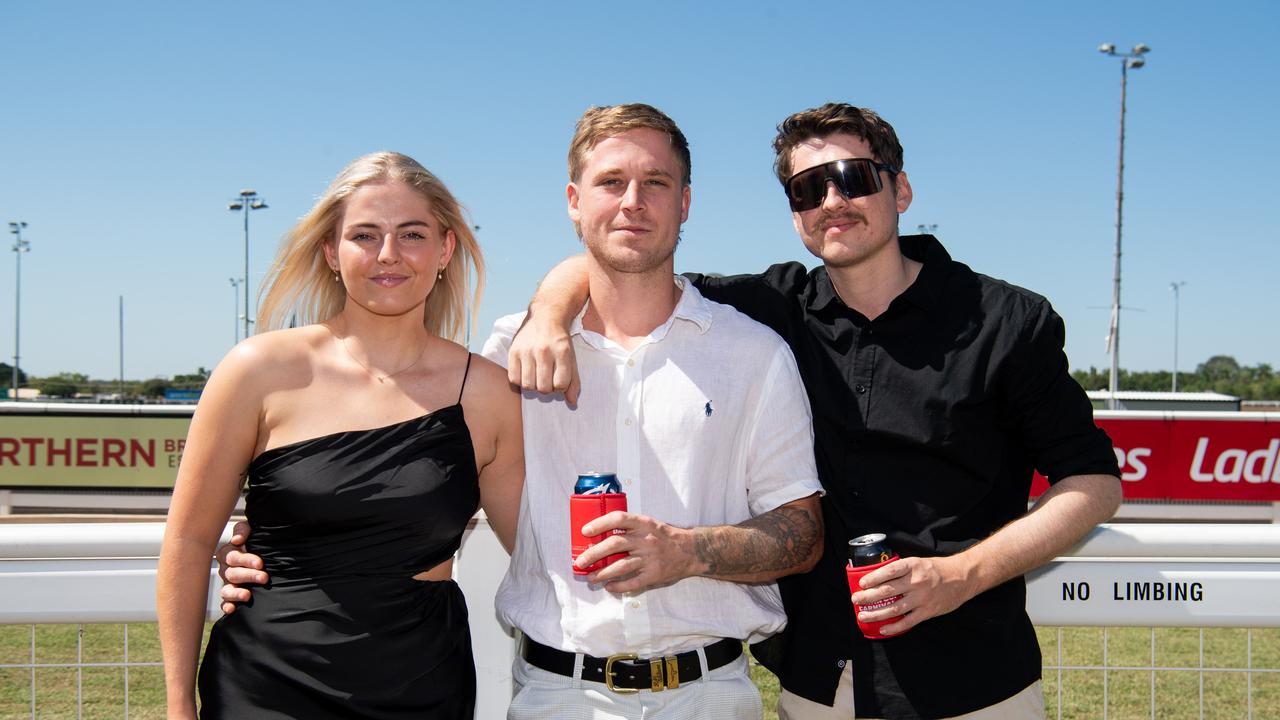 Liam Malley, Caleb Wray and Lizzie Malley at the 2024 Darwin Cup Carnival Derby Day. Picture: Pema Tamang Pakhrin