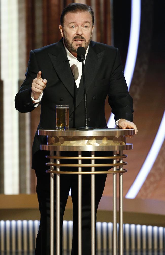 Host Ricky Gervais told stars to ‘accept their award and f**k off” at the Golden Globes. Picture: Getty Images