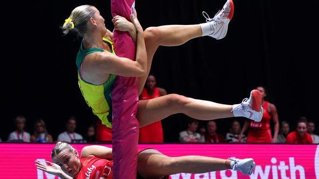 Courtney Bruce collides with the post. Picture: George Wood/Getty Images