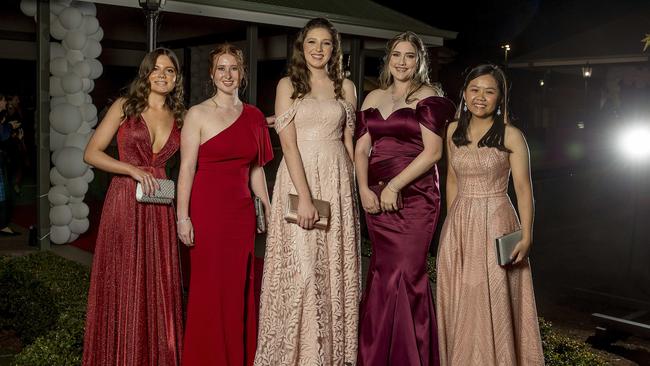 Formal for year 12 students from Emmanuel College. Andie Scott-Massey , Sasha Caldwell, Hannah Brumby, Jess Adams, Janice Ngo. Picture: Jerad Williams