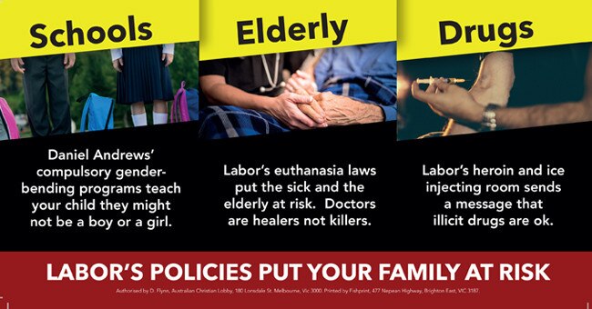 The Christian lobby has delivered these flyers to more than 200,000 residents in marginal seats. Picture: Supplied