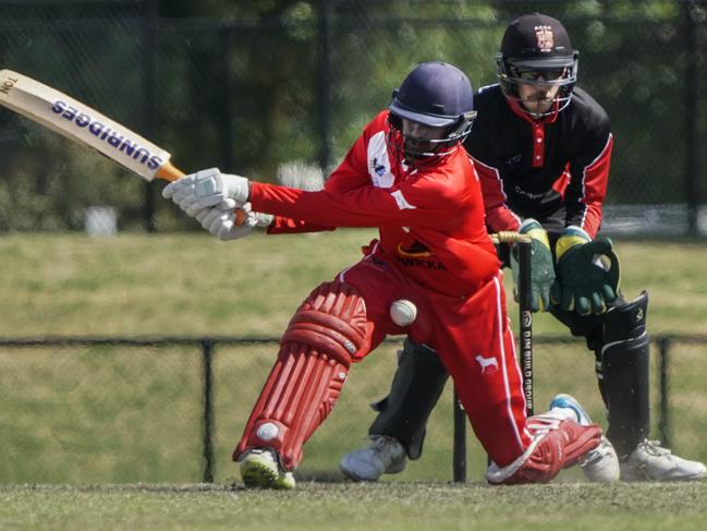 CSB: Mordialloc’s batter AKV Tyrone plays a misses. Picture: Valeriu Campan