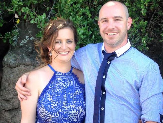 Senior Constable Jonathon Wright (pictured with his wife Lisa) had his leg amputated after the RBT crash in February at Leumeah. Picture: Facebook