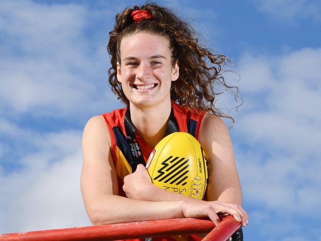 ANFLW star Lauren Young (West Adelaide player and Port Adelaide female academy member) starred for SA at the under-19 national AFLW champs in QLD last week poses at West Adelaide Football Club Monday,April,19,2021.Picture Mark Brake