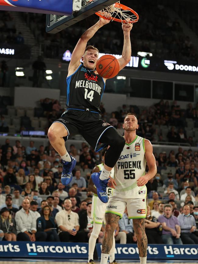 Jack White throws down a huge dunk for Melbourne United. Picture: Getty Images