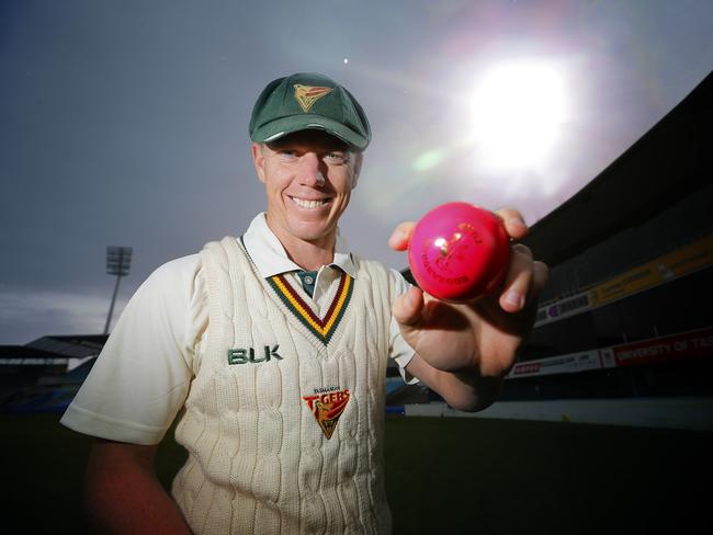 Tasmania spinner Xavier Doherty with the pink ball ahead of a Shield game.